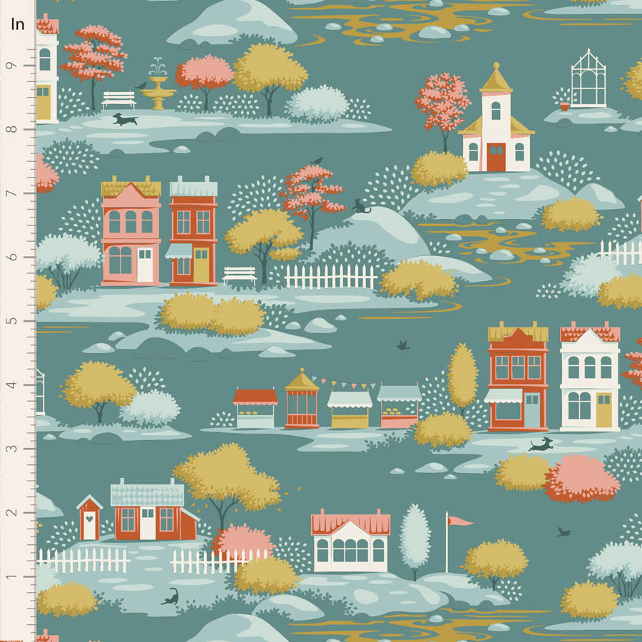Village Life Teal Village Yardage by Tilda for Tilda Fabrics