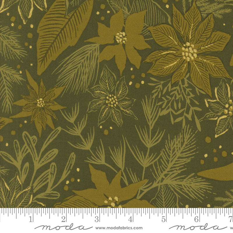 Old World Yuletide Pine Poinsettia Metallic Yardage by Fancy That Design House for Moda Fabrics