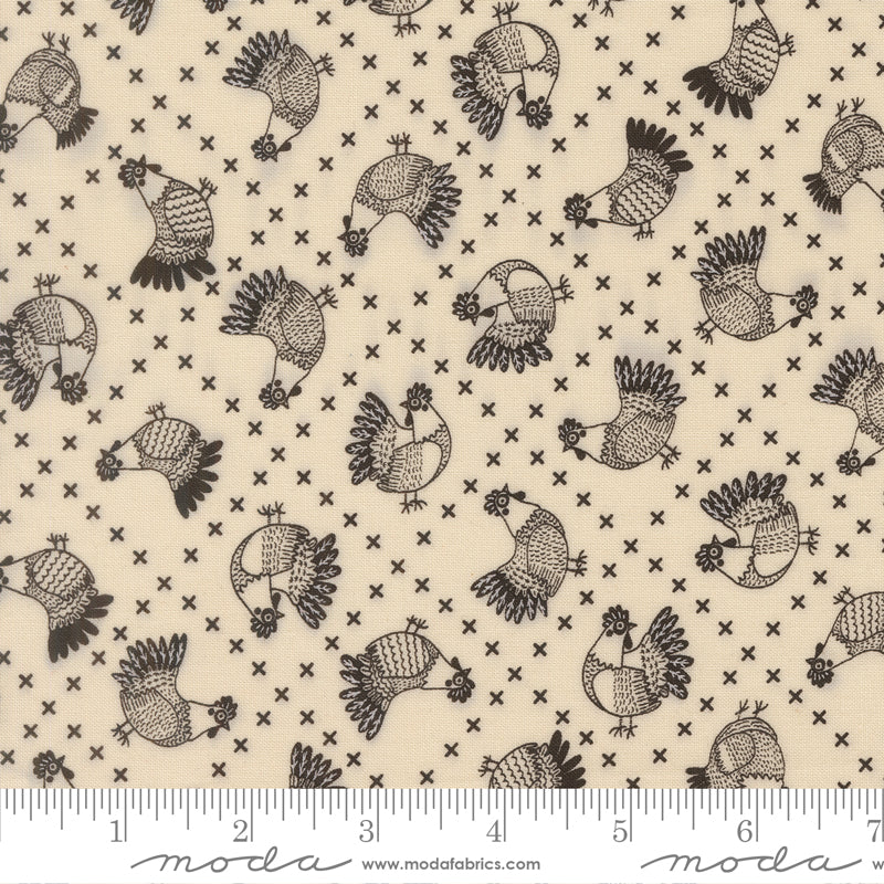 The Henhouse Cloud Iron Cross Stitch Chickens Yardage by Gingiber for Moda Fabrics