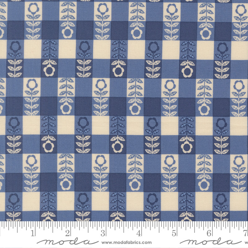 The Henhouse Cobalt Flower Plaid Yardage by Gingiber for Moda Fabrics