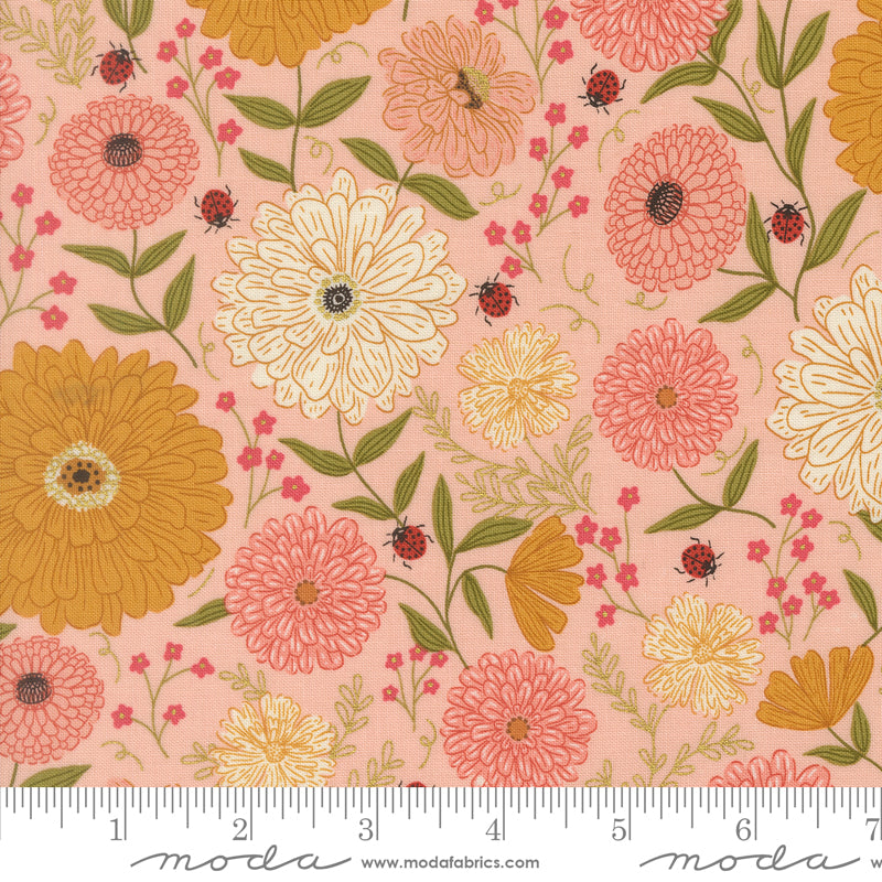 Ladybug Whimsy Pretty Pink Zinnias Ladybugs Metallic Yardage by Gingiber for Moda Fabrics