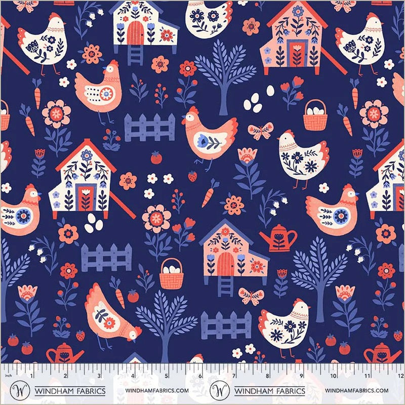 Folky Chicken Indigo Chicken Co-op Yardage by Natalie Briscoe for Windham Fabrics