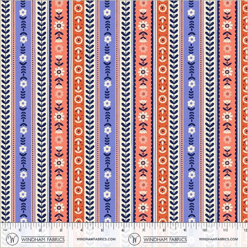 Folky Chicken Cobalt Ribbon Stripe Yardage by Natalie Briscoe for Windham Fabrics
