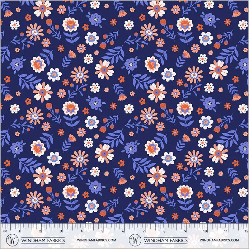 Folky Chicken Indigo Folky Floral Yardage by Natalie Briscoe for Windham Fabrics