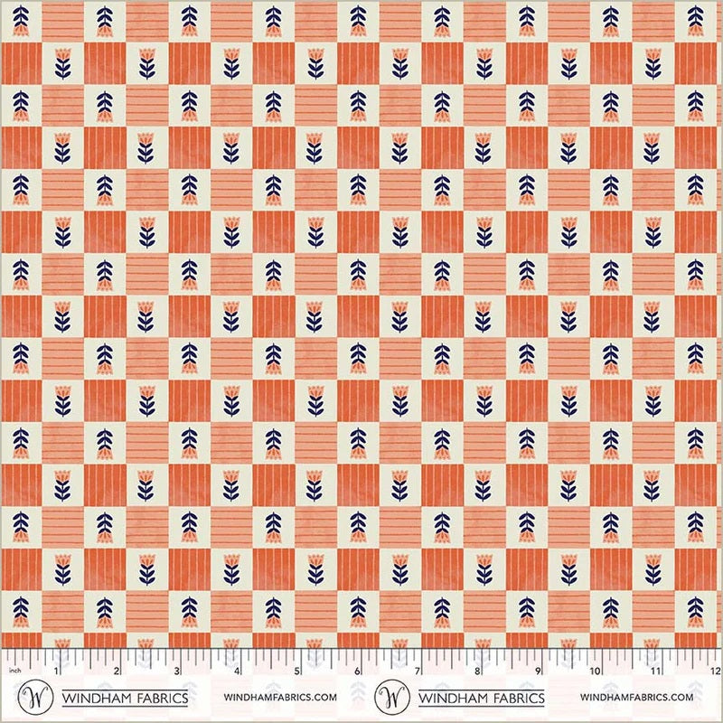 Folky Chicken Coral Tulip Check Yardage by Natalie Briscoe for Windham Fabrics