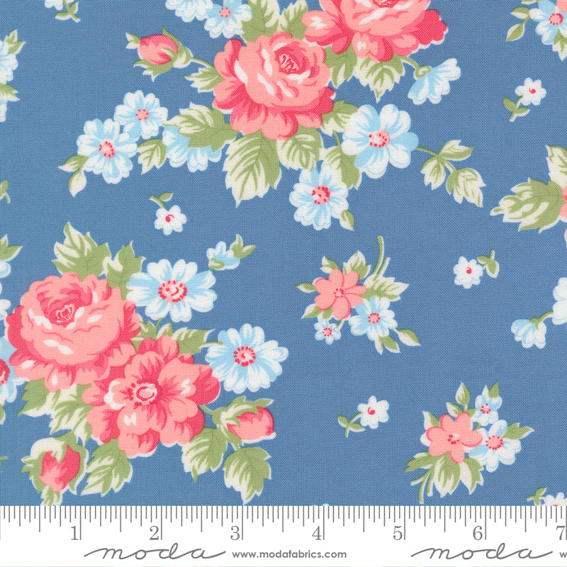 A Cat Named Stitch Blue Blooming Florals Yardage by Camille Roskelley for Moda Fabrics