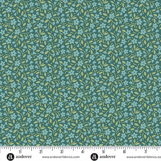 Heartland Dark Teal Hearts and Flowers Yardage by Judy Jarvi for Andover Fabrics