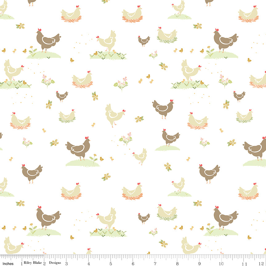 Clover Farm White Chickens Yardage by Gracey Larson for Riley Blake Designs