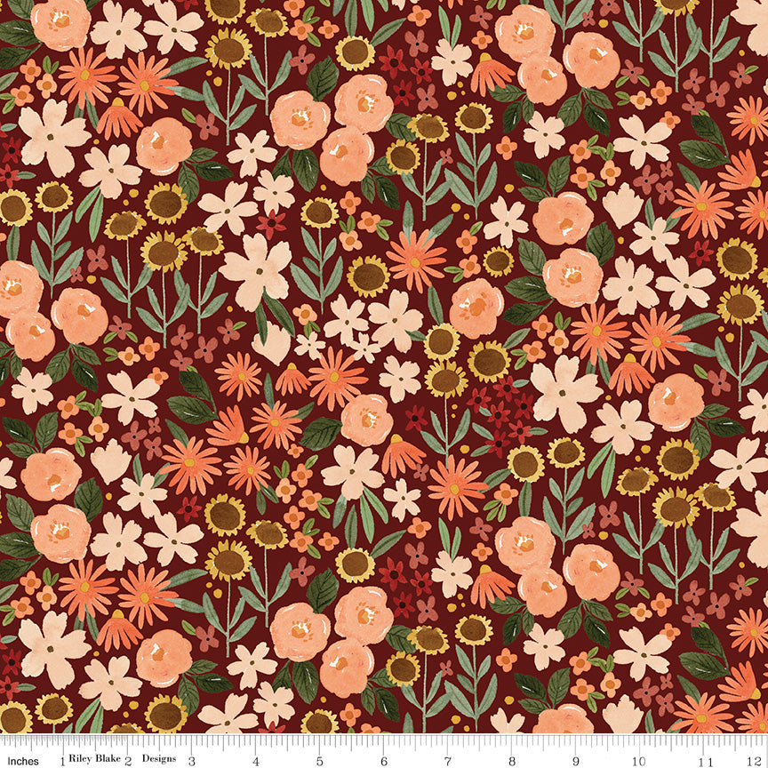 Happy Fall Days Maroon Autumn Fields Yardage by Kelsey Carlson for Riley Blake Designs