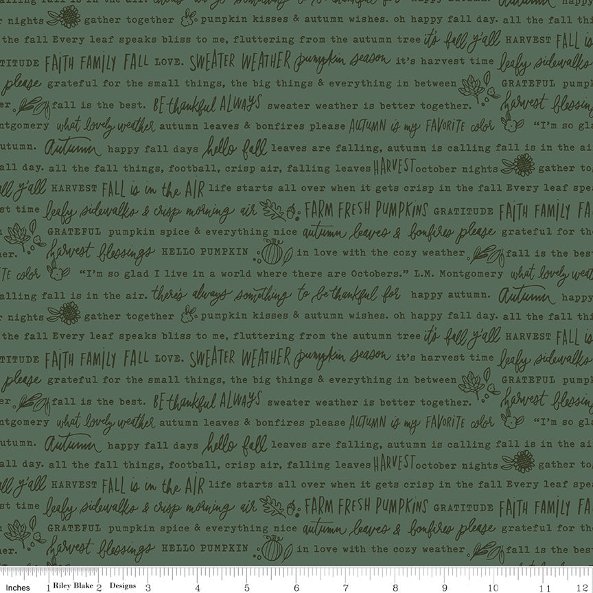 Happy Fall Days Green Autumn Words Yardage by Kelsey Carlson for Riley Blake Designs