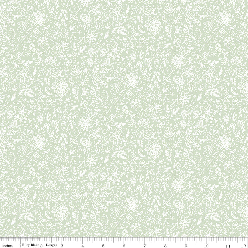 Charming Christmas Mint Floral Outline Yardage by Kelsey Carlson for Riley Blake Designs