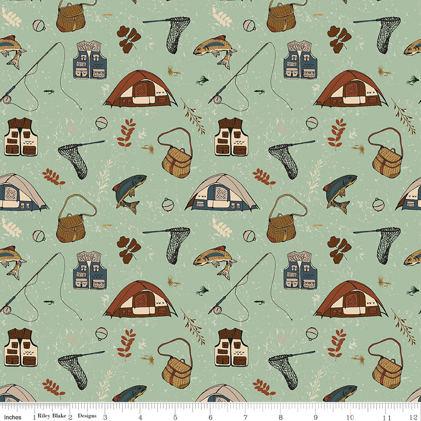Let's Wander Sage Gone Fishing Yardage by Casey Cometti for Riley Blake Designs