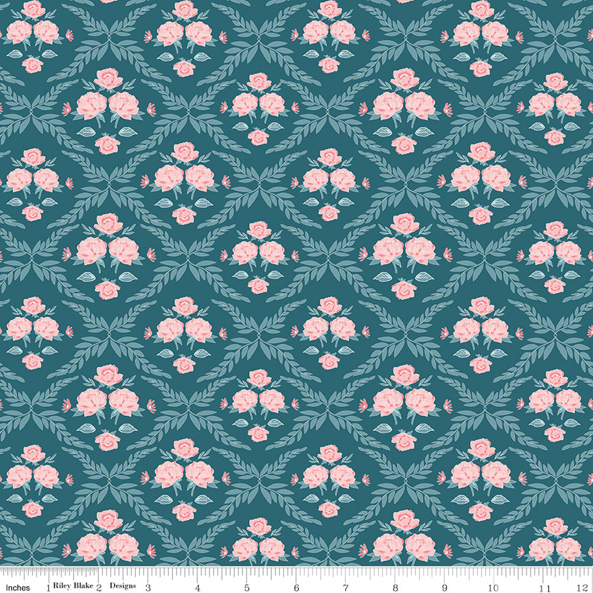 Correspondence Colonial Blue Trellis Damask Yardage by Beverly McCullough for Riley Blake Designs