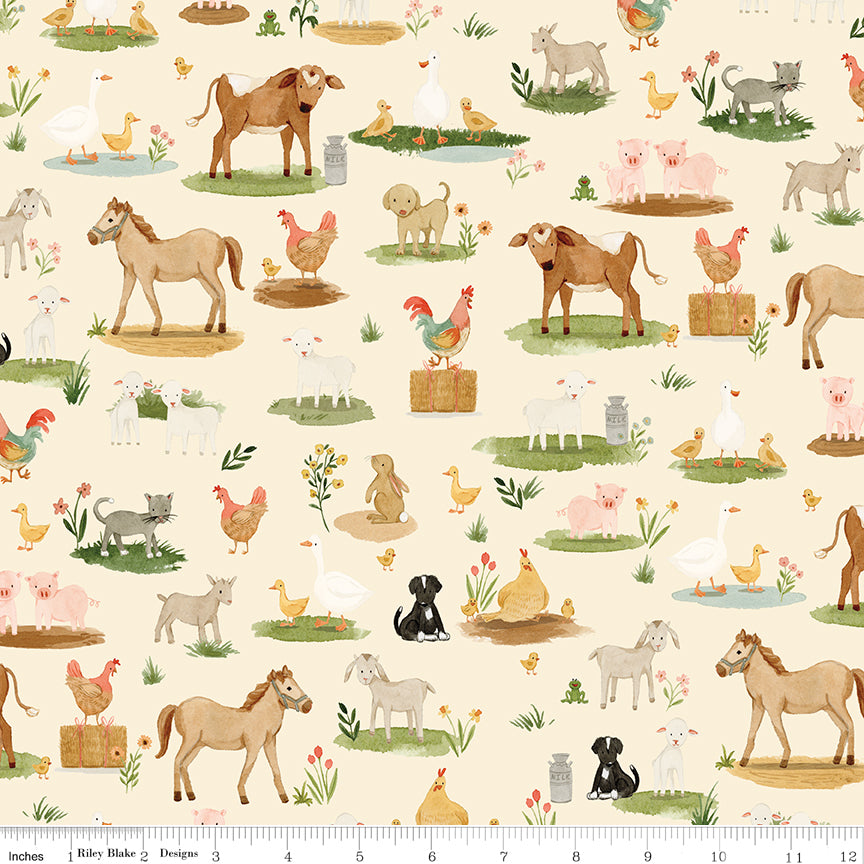 Lil' Farm Friends Cream Animals On The Farm Yardage by Kelsey Carlson for Riley Blake Designs