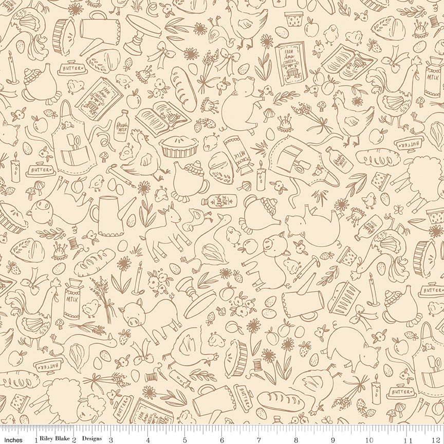 Lil' Farm Friends Cream Farm Outlines Yardage by Kelsey Carlson for Riley Blake Designs