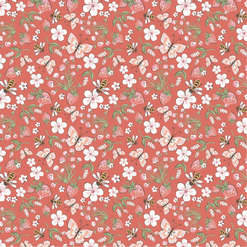 Homegrown Preserves Red Honeybee Meadow Yardage by Sheri McCulley for Poppie Cotton Fabrics