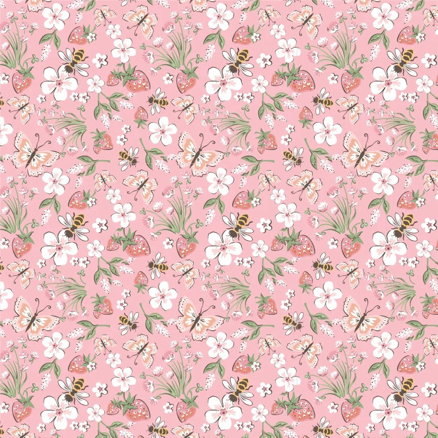 Homegrown Preserves Pink Honeybee Meadow Yardage by Sheri McCulley for Poppie Cotton Fabrics