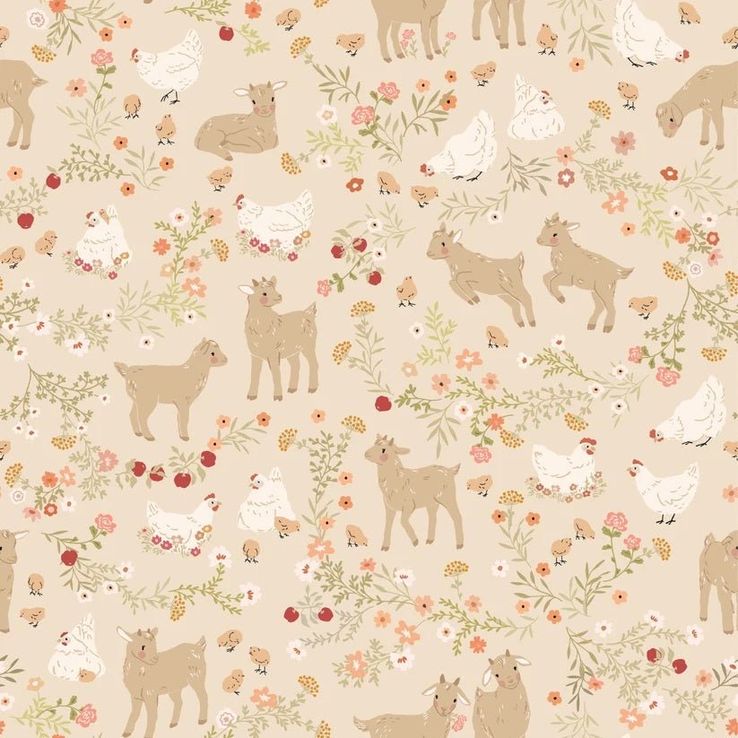 Primrose & Parsley Beige Barnyard Babies Yardage by Michal Marko for Poppie Cotton Fabrics