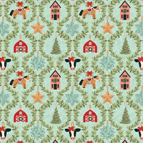 Prairie Christmas Teal Country Ornaments Tree Yardage by Amanda Grace for Poppie Cotton Fabrics