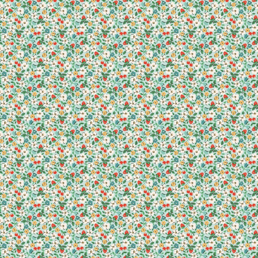 Farmhouse Fancy Teal Fruit Salad Yardage by Elea Lutz for Poppie Cotton Fabrics