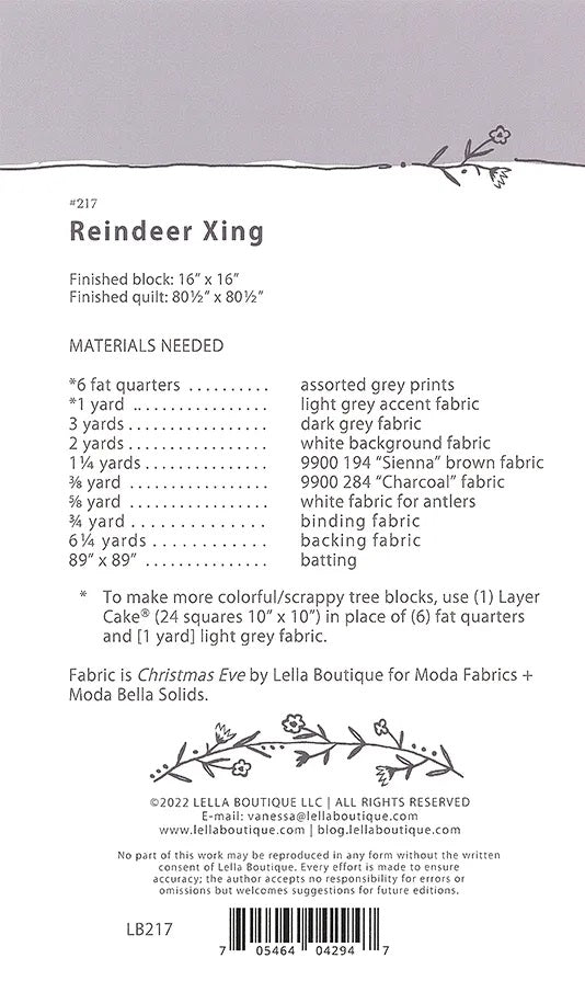 Reindeer Xing Quilt Pattern by Lella Boutique