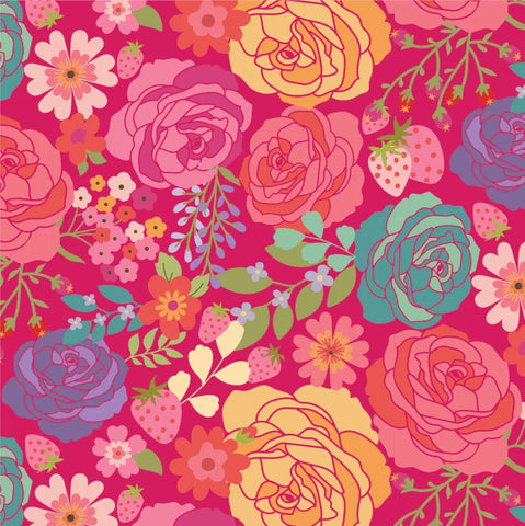 Calico Cowgirls Dark Pink Texas Rose Yardage by Lori Woods for Poppie Cotton Fabrics