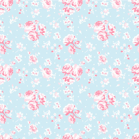 Elise Sky Blue Vintage Rose Yardage by Terri Henson for Poppie Cotton Fabrics