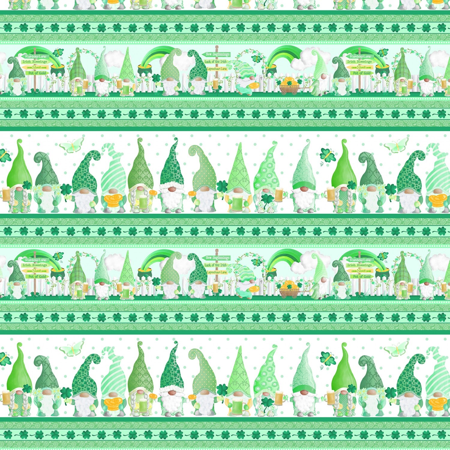 Luck Of The Gnomes White/Green Lucky Gnome Stripe Yardage by Andi Metz for Benartex