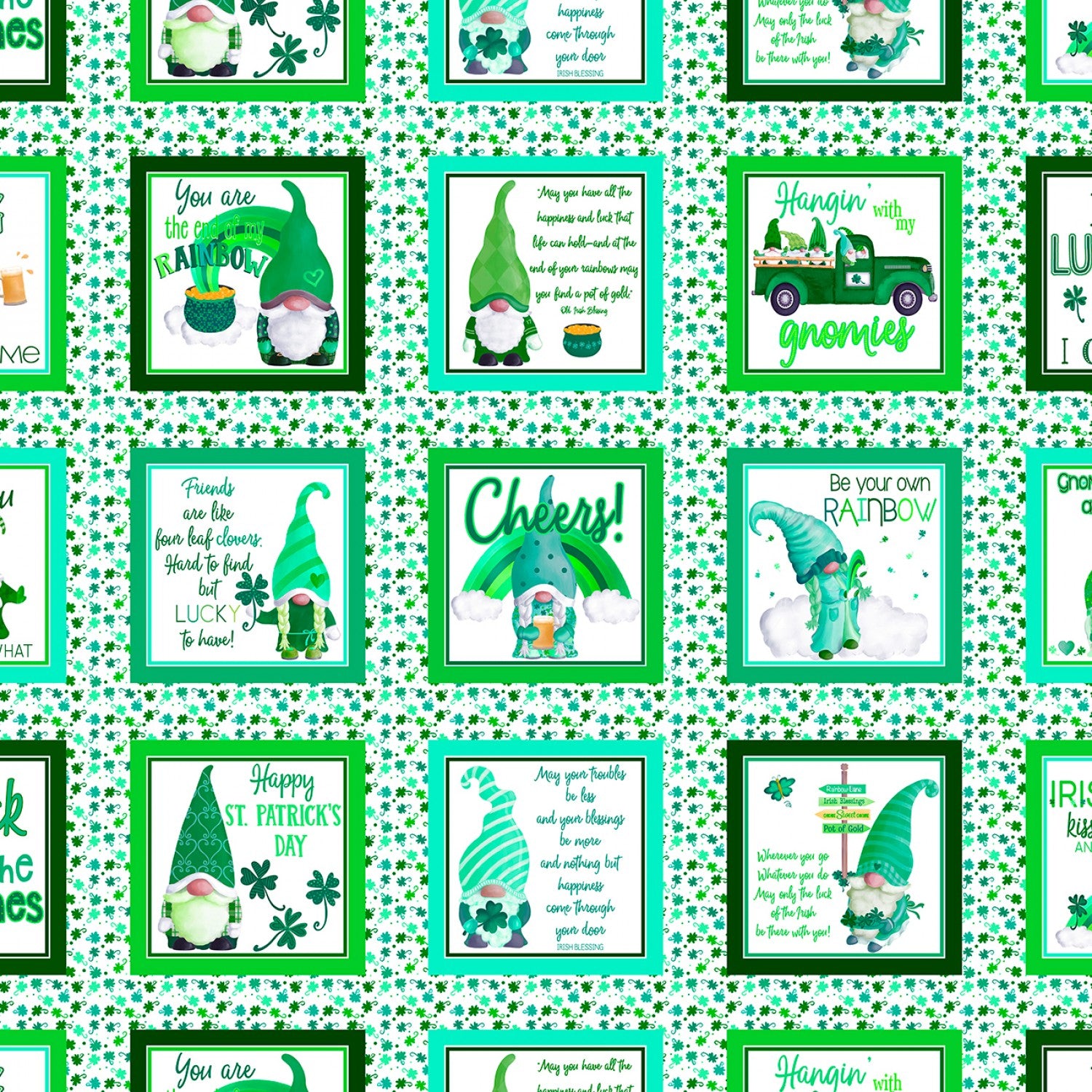 Luck Of The Gnomes White/Green Lucky Gnome Boxes Yardage by Andi Metz for Benartex