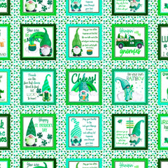 Luck Of The Gnomes White/Green Lucky Gnome Boxes Yardage by Andi Metz for Benartex