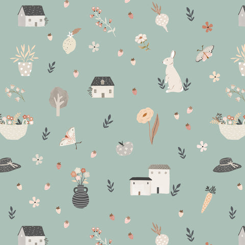 House and Home Green Happy Home Yardage by Lori Woods for Poppie Cotton Fabrics