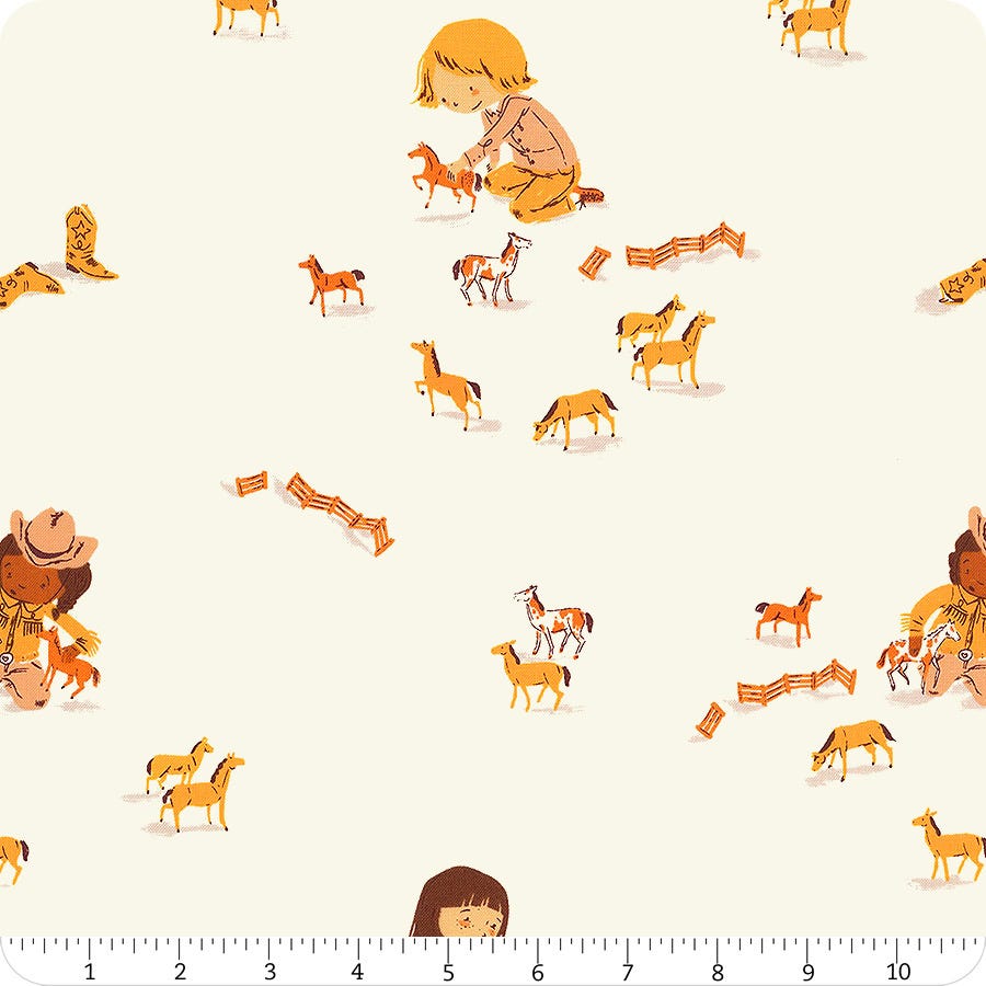 Far Far Away 3 Cream Play Horses Yardage by Heather Ross for Windham Fabrics