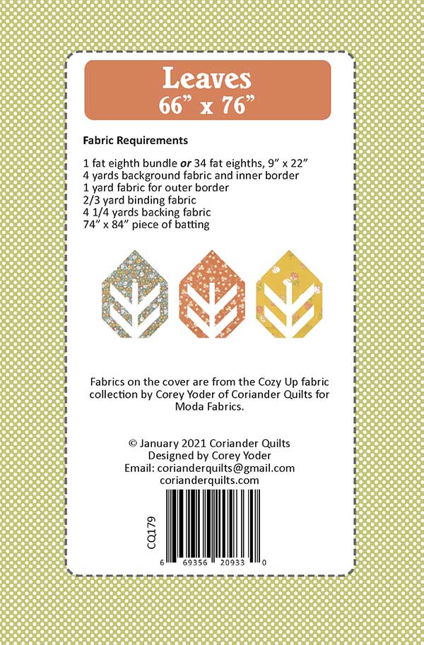 Leaves Quilt Pattern by Corey Yoder of Coriander Quilts