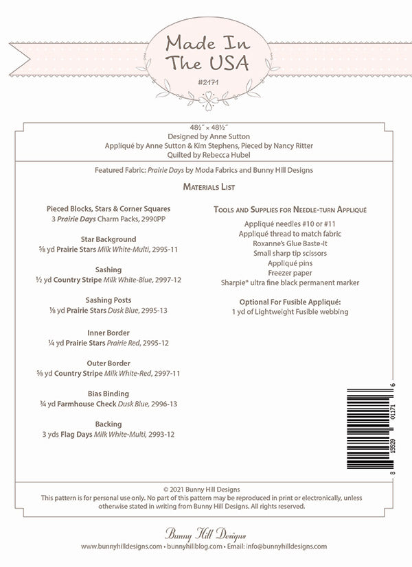 Made In The USA Quilt Pattern by Bunny Hill Designs