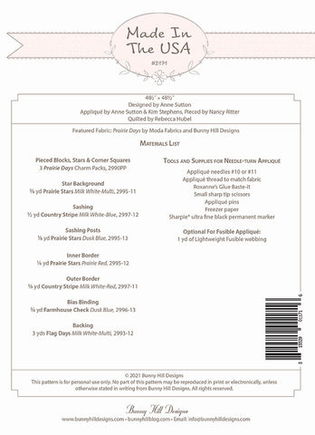 Made In The USA Quilt Pattern by Bunny Hill Designs