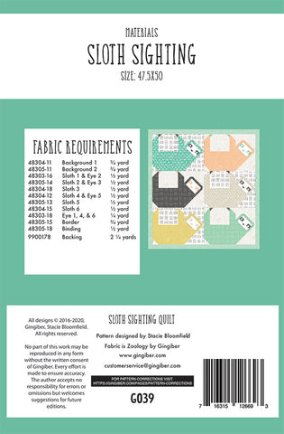 Sloth Sighting Quilt Pattern by Gingiber