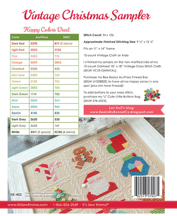 Vintage Christmas Sampler Cross Stitch Pattern by Lori Holt of Bee in my Bonnet