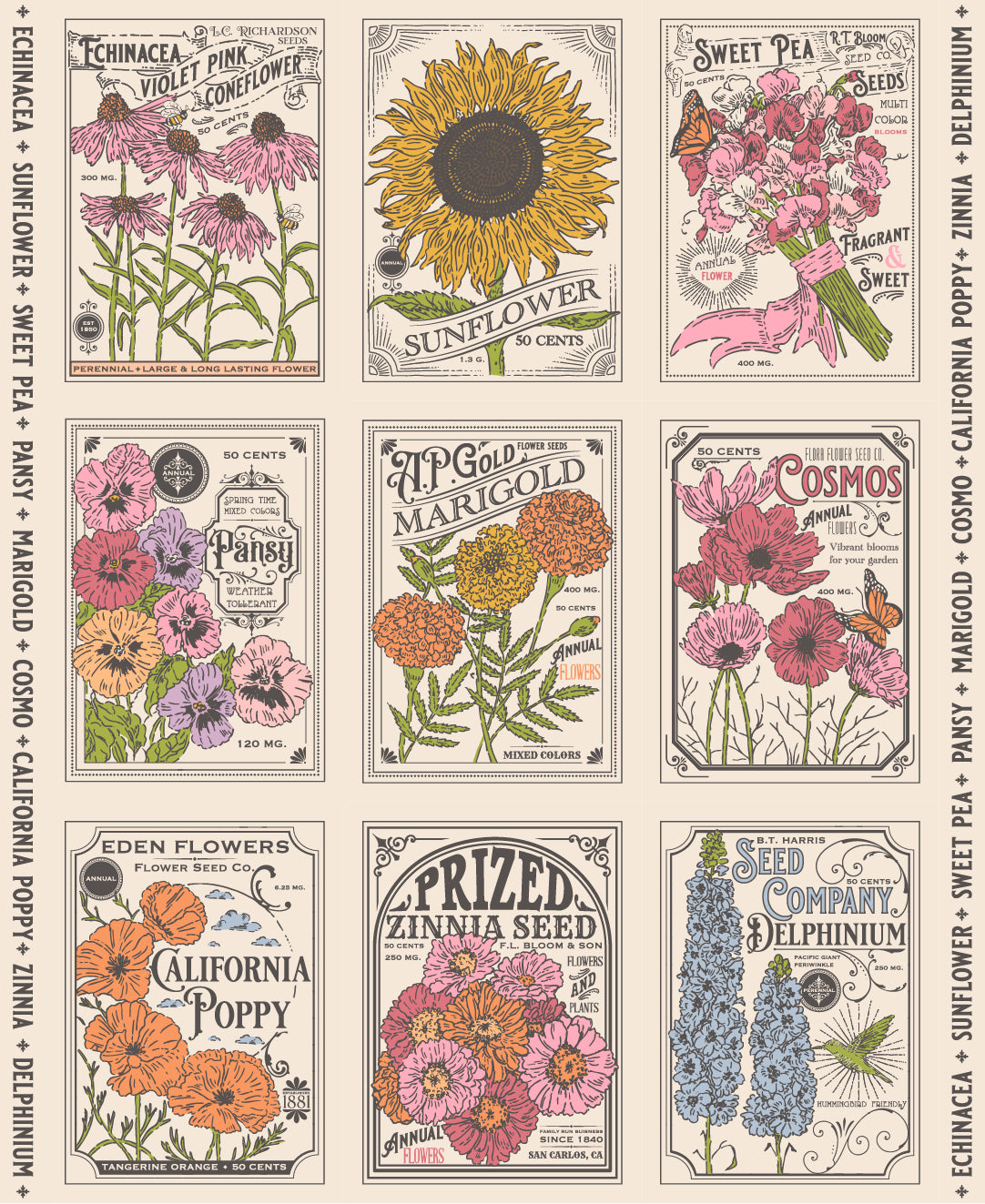My Secret Garden Cloud Vintage Seed Packet Panel by Stacy Iest Hsu for Moda Fabrics