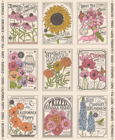 My Secret Garden Cloud Vintage Seed Packet Panel by Stacy Iest Hsu for Moda Fabrics
