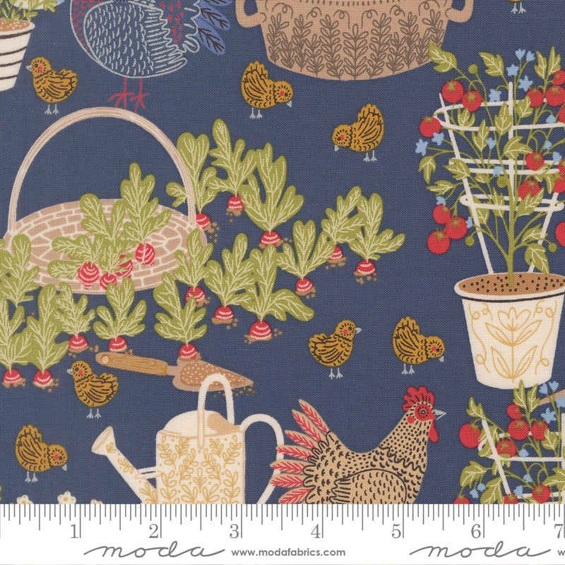 The Henhouse Denim Chicken Garden Yardage by Gingiber for Moda Fabrics