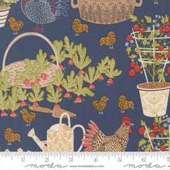 The Henhouse Denim Chicken Garden Yardage by Gingiber for Moda Fabrics