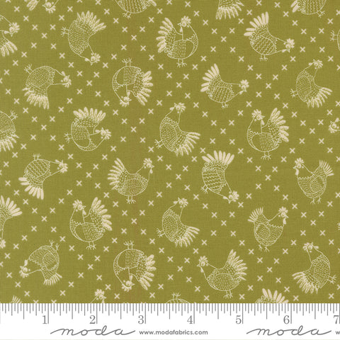 The Henhouse Grass Cross Stitch Chickens Yardage by Gingiber for Moda Fabrics