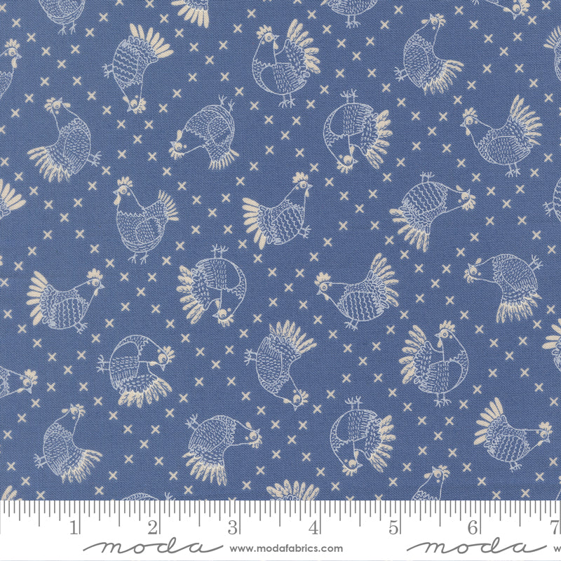 The Henhouse Cobalt Cross Stitch Chickens Yardage by Gingiber for Moda Fabrics