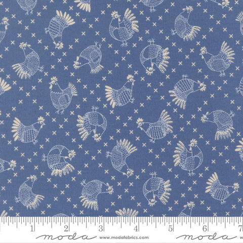 The Henhouse Cobalt Cross Stitch Chickens Yardage by Gingiber for Moda Fabrics