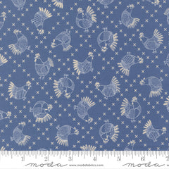 The Henhouse Cobalt Cross Stitch Chickens Yardage by Gingiber for Moda Fabrics