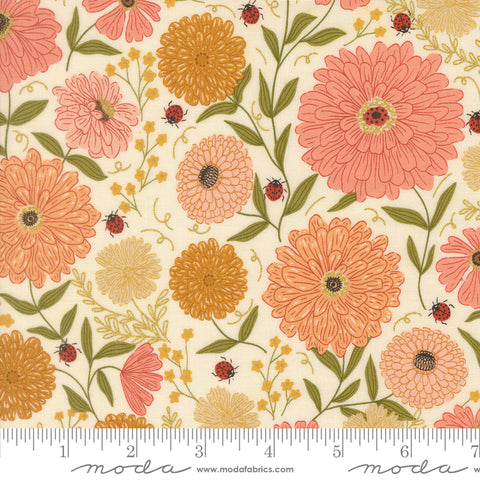 Ladybug Whimsy Eggshell Zinnias Ladybugs Metallic Yardage by Gingiber for Moda Fabrics