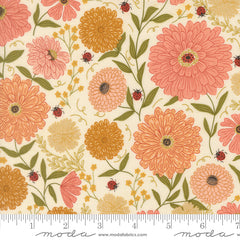Ladybug Whimsy Eggshell Zinnias Ladybugs Metallic Yardage by Gingiber for Moda Fabrics