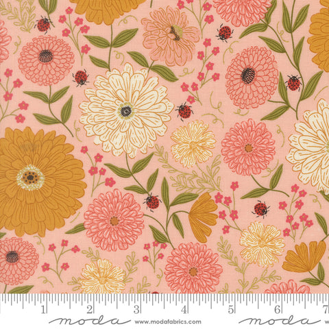Ladybug Whimsy Pretty Pink Zinnias Ladybugs Metallic Yardage by Gingiber for Moda Fabrics