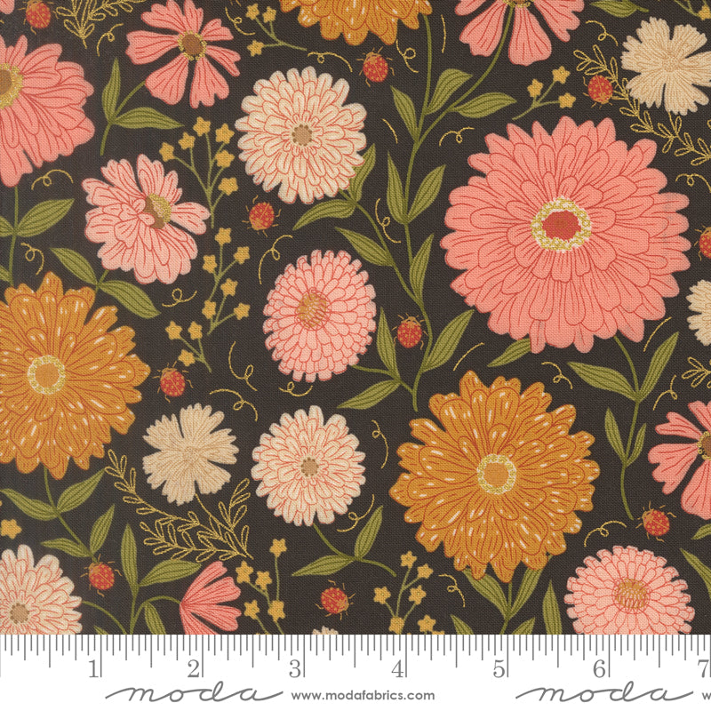 Ladybug Whimsy Midnight Zinnias Ladybugs Metallic Yardage by Gingiber for Moda Fabrics