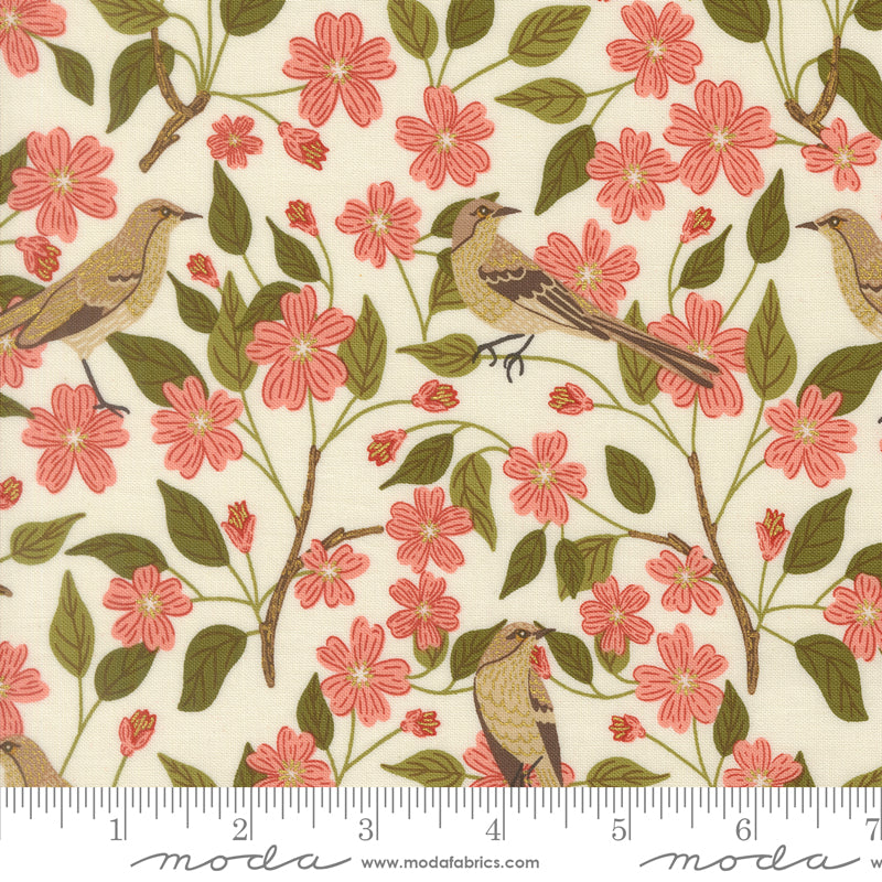 Ladybug Whimsy Eggshell Blossoms Birds Metallic Yardage by Gingiber for Moda Fabrics